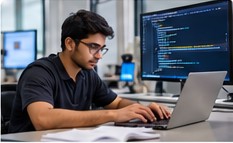 Illustration of a computer science student coding on a laptop screen